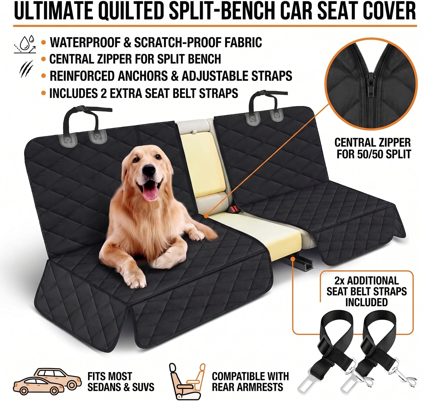 Dog Car Seat Cover - Waterproof and Durable Back Seat Protector for Pets, Fits Most Cars, SUVs, and Trucks (53” Width) - Black